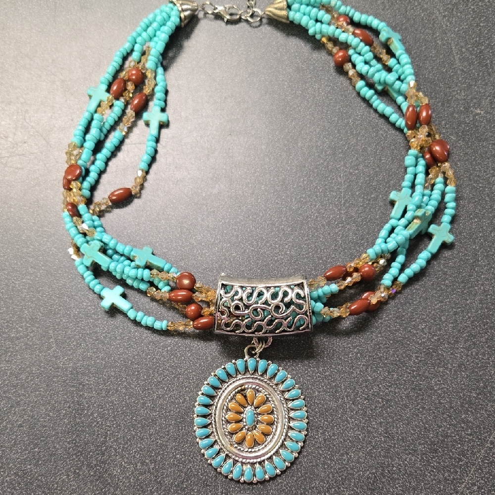 Artisan Turquoise and Brown Necklace with Silver Medallion